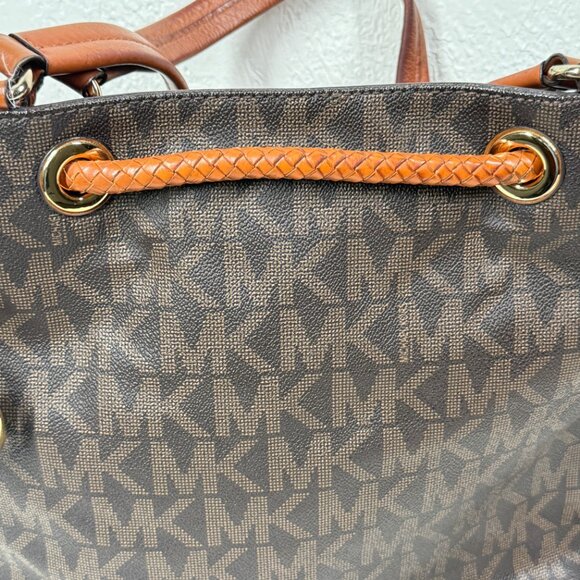 Michael Kors Jet Set Signature Drawstring Tote Brown MK Monogram Leather Trim - Picture 3 of 15